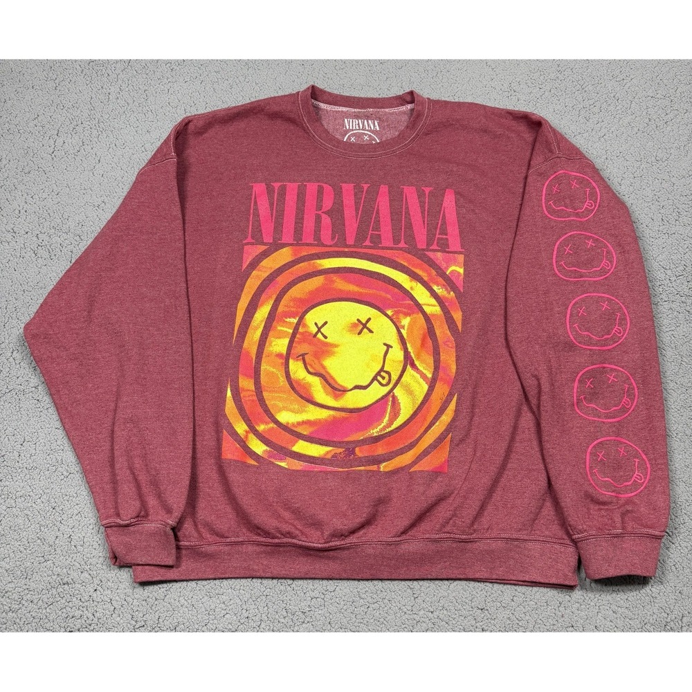 Nirvana Sweatshirt Mens Medium Red Fleece Crewneck Smiley Face‎ Graphic Pullover
